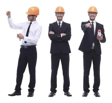 In full growth .successful architect engineer in orange helmet. Stock Photos
