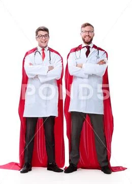 In full growth. two medical workers in superhero capes Stock Photos