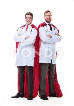 In full growth. two medical workers in superhero capes Stock Photos