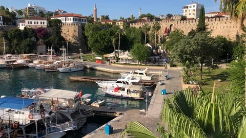 Full HD panoramic video of ancient yacht port marina in old town of Antalya Stock Footage 130149612