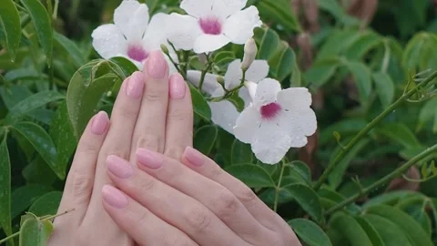 Full HD video captured in slow motion, female hands with a pink shiny manicure. Stock Footage 254024927