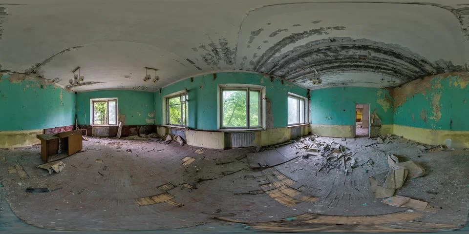 Full hdri 360 panorama in empty dirty room in abandoned building damaged by e Stock Photos
