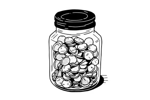 Full jar of coin hand drawn ink sketch. Engraved vector illistration. Stock Illustration
