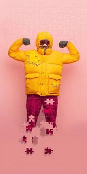 Full-length creative collage of man standing in ski suit isolated over pink Stock Photos