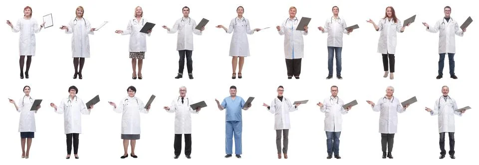 Full length group of doctors with notepad isolated Foto stock
