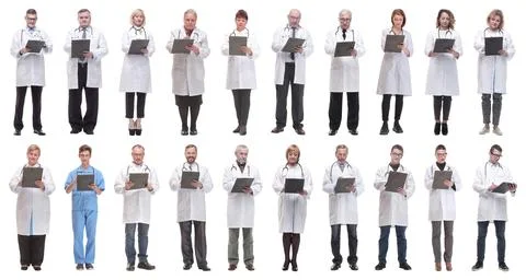 Full length group of doctors with notepad isolated Stock Photos