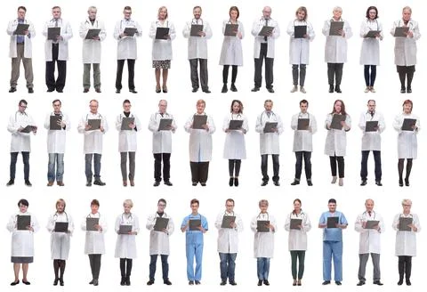 Full length group of doctors with notepad isolated Stock Photos