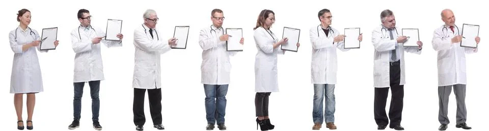 Full length group of doctors with notepad isolated 스톡 사진