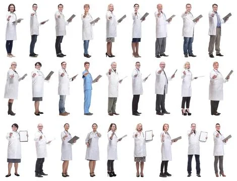 Full length group of doctors with notepad isolated 스톡 사진