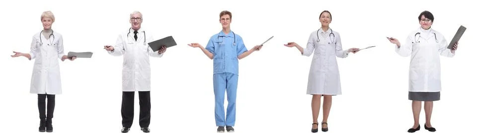 Full length group of doctors with notepad isolated 스톡 사진