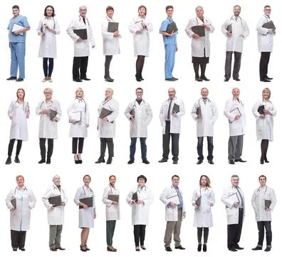 Full length group of doctors with notepad isolated Stock Photos