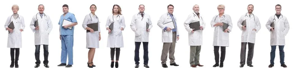 Full length group of doctors with notepad isolated Stock Photos