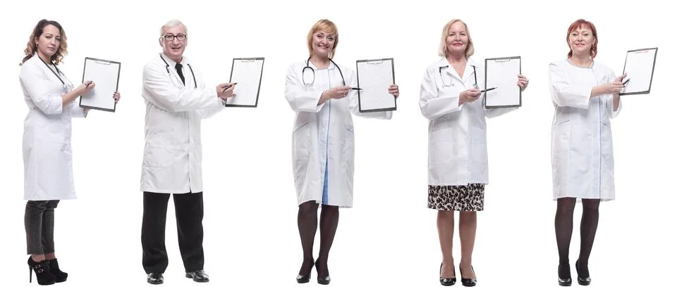 Full length group of doctors with notepad isolated 스톡 사진