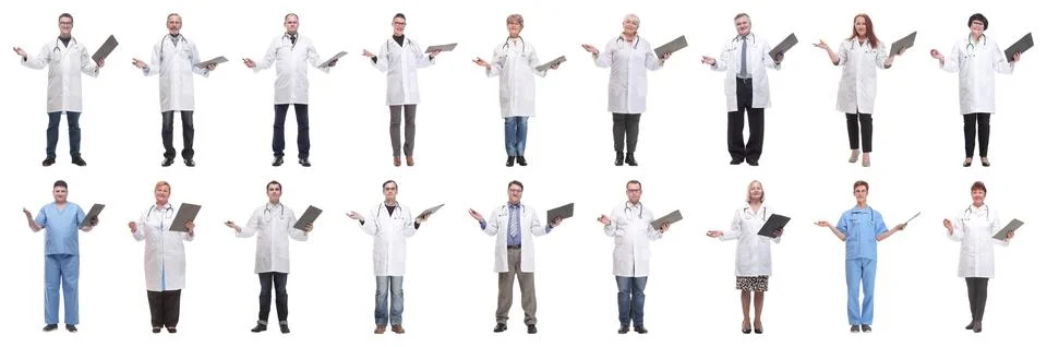 Full length group of doctors with notepad isolated 스톡 사진