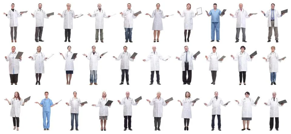 Full length group of doctors with notepad isolated Foto stock