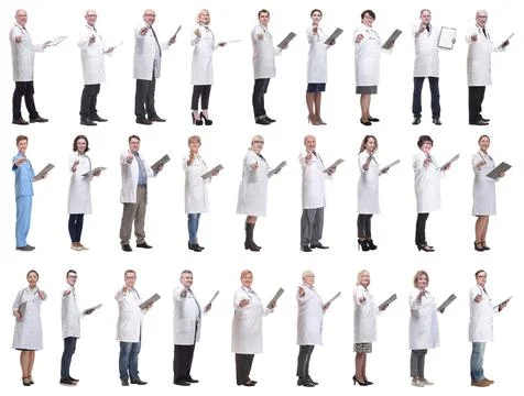 Full length group of doctors with notepad isolated Foto stock