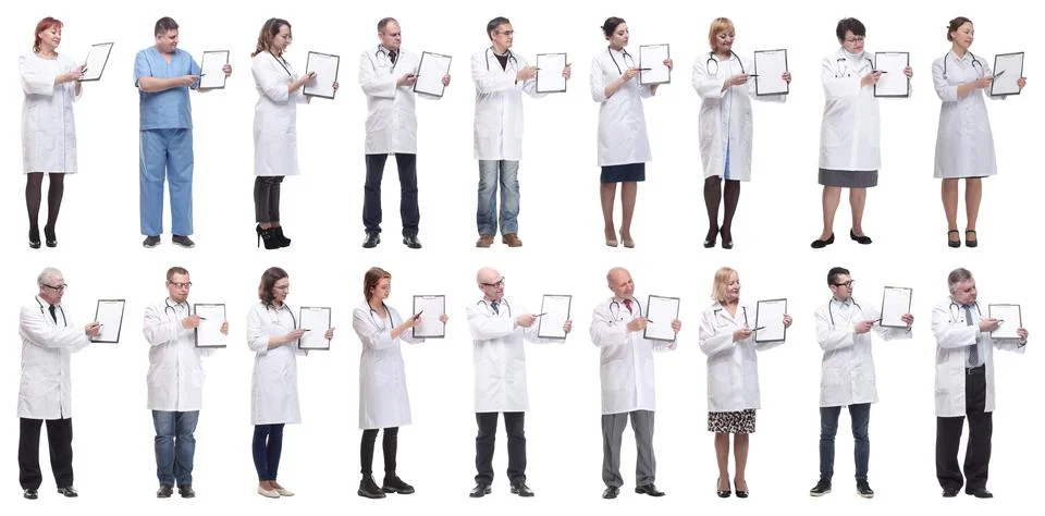 Full length group of doctors with notepad isolated Foto stock