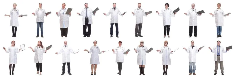 Full length group of doctors with notepad isolated Stock Photos