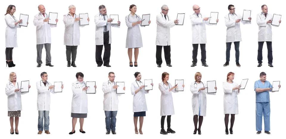 Full length group of doctors with notepad isolated Stock Photos