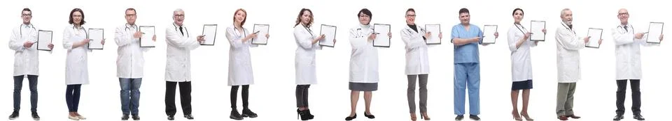 Full length group of doctors with notepad isolated 스톡 사진