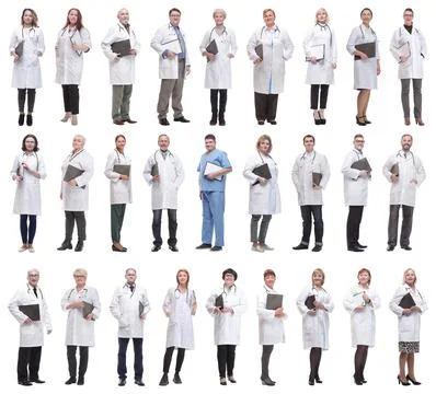 Full length group of doctors with notepad isolated Stock Photos