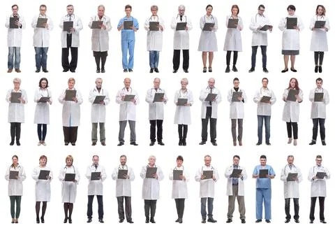 Full length group of doctors with notepad isolated Stock Photos