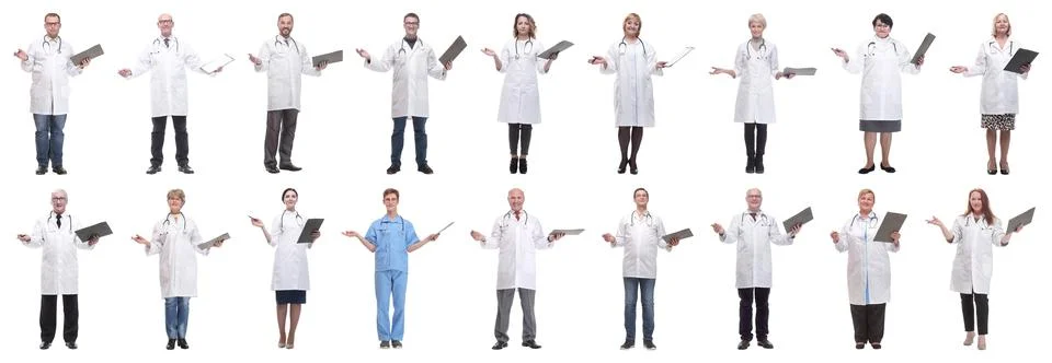Full length group of doctors with notepad isolated Foto stock