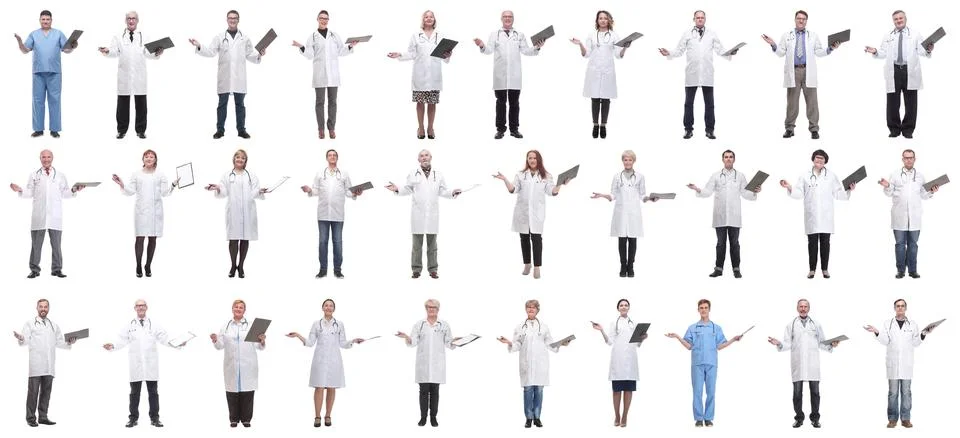 Full length group of doctors with notepad isolated Stock Photos