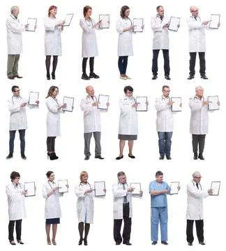 Full length group of doctors with notepad isolated 스톡 사진