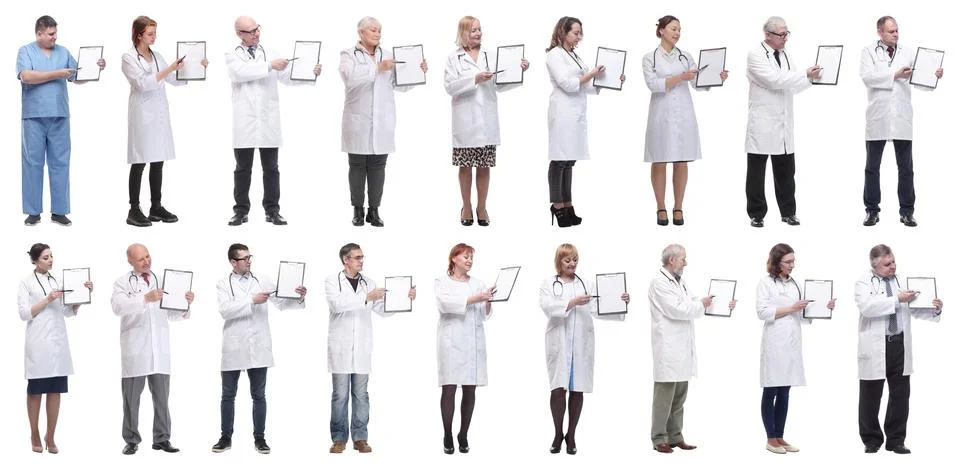Full length group of doctors with notepad isolated Stock Photos