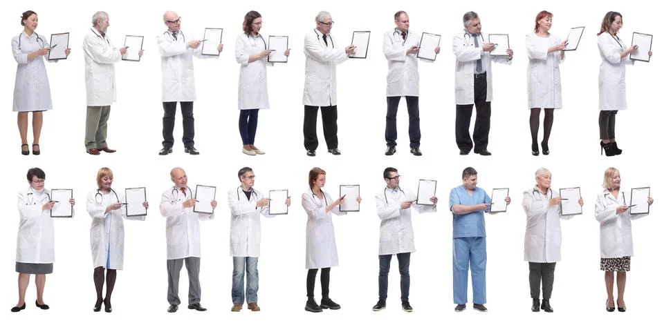 Full length group of doctors with notepad isolated Stock Photos