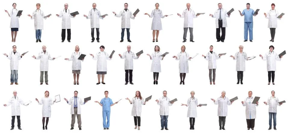 Full length group of doctors with notepad isolated Foto stock