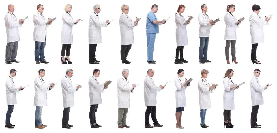 Full length group of doctors with notepad isolated 스톡 사진