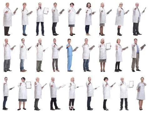 Full length group of doctors with notepad isolated 스톡 사진