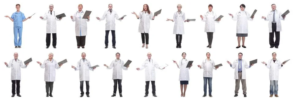 Full length group of doctors with notepad isolated Stock Photos
