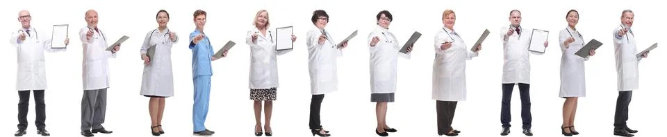 Full length group of doctors with notepad isolated 스톡 사진
