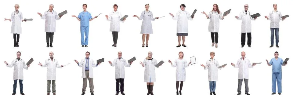 Full length group of doctors with notepad isolated Stock Photos