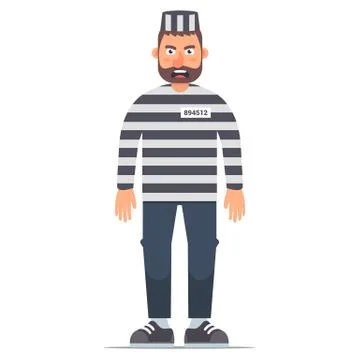 Full-length isolated prisoner in striped clothing on a white background. Stock Illustration