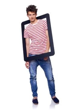 Full length man with a frame around his neck Stock Photos