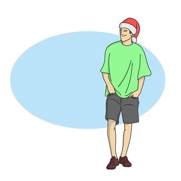 Full length of man with tshirt and christmas hat standing illustration Stock Illustration