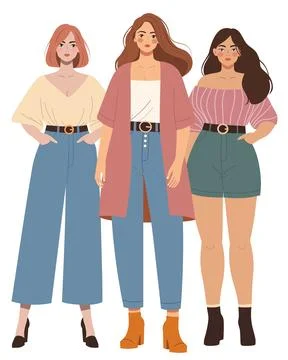 Full length modern flat style three girls Stockillustratie