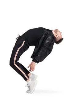 Full-length photo of a funny guy dancing in studio isolated on white backg... Stock-Fotos