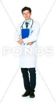 Full length portrait of a male doctor holding a notepad on white Stock Photos