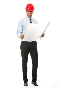 Full length portrait of smiling construction supervisor looking at blueprints Stock Photos