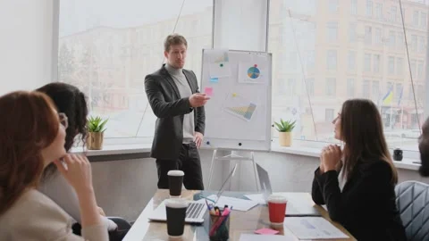 Full length serious young man professional standing near flipchart, explaining Video stock 163759672