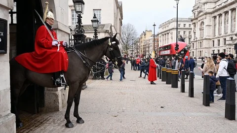 FULL LENGTH SHOT of a mounted trooper of the Household Cavalry standing guard Stock Footage 129111952