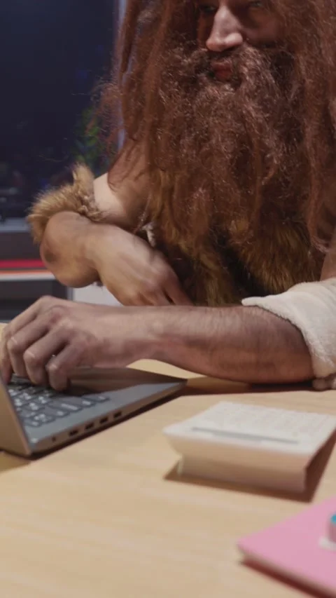 Full-length shot of nomadic prehistoric human homo sapiens brutal bearded Stock Footage 313791847