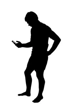 Full length side profile portrait silhouette of teenage boy texting on smar.. Stock Illustration