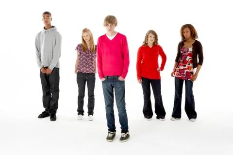 Full length studio portrait of five teenage friends Stock Photos