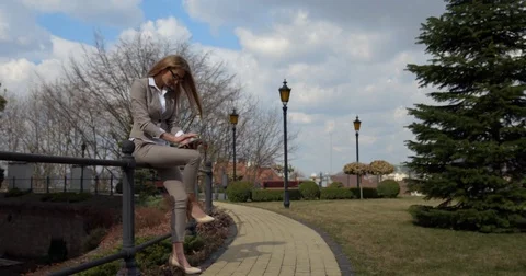 Full-Length View Beautiful Calm Peaceful Blonde Businesswoman Enjoying Weather Stock Footage 84470185